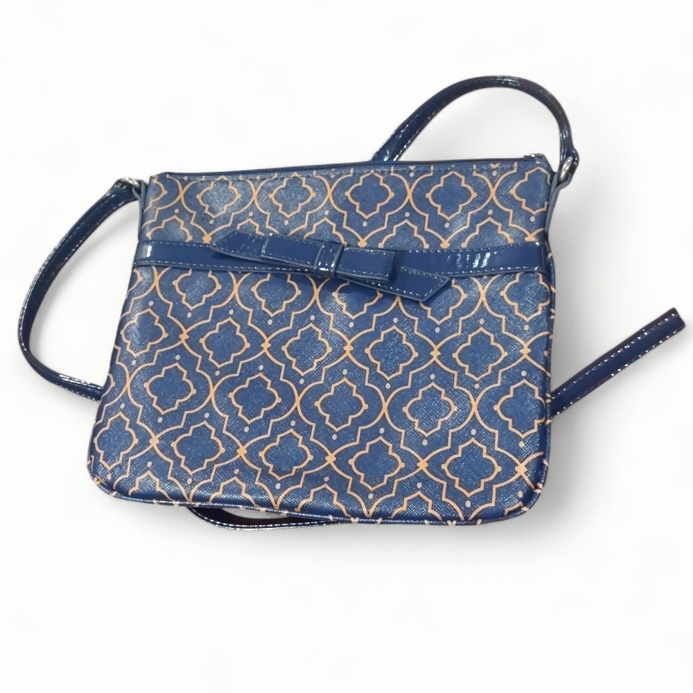Zoe Sundae Navy Blue & Gold Patterned Crossbody Bag NWOT